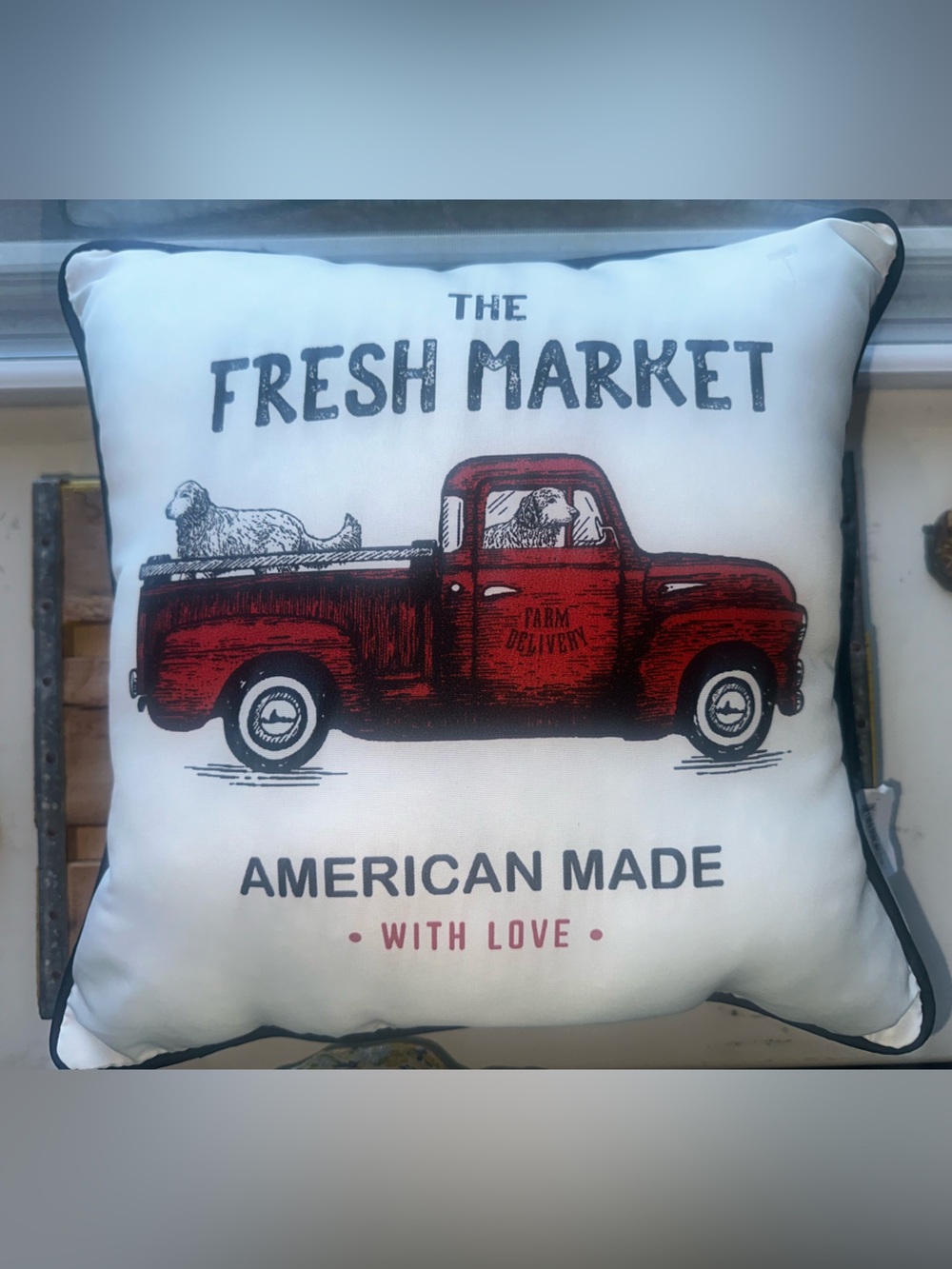 Fresh Market Red Truck Decorative Outdoor Pillow - 16 x16 - New
